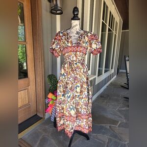 Smocked Waist Puff-Sleeve Floral Midi Dress-NWT